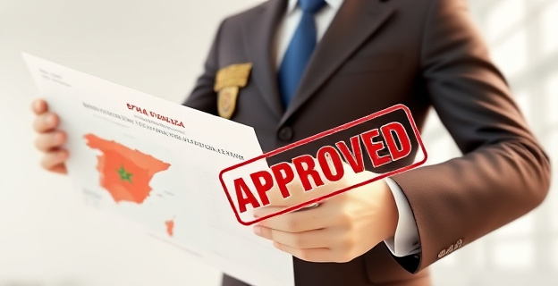 Representación de un oficial de registro civil español con un formulario de nacionalidad en mano, mientras un mapa de Marruecos se ve al fondo, con un sello de 