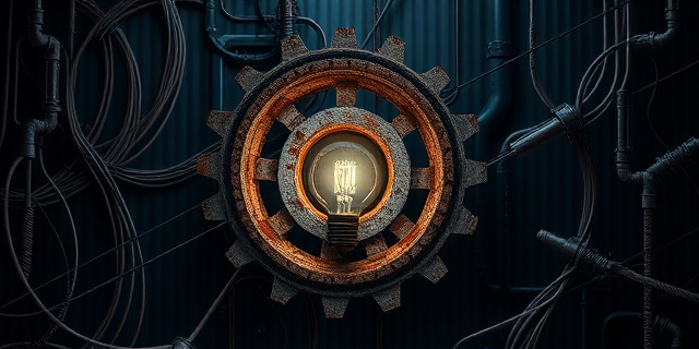 Una laberíntica red de cables eléctricos de alta tensión, en tonos oscuros y metálicos, con un engranaje gigante y oxidado en el centro. El engranaje está a punto de aplastar una bombilla solitaria, que aún emite una luz tenue. Estilo neo-noir, iluminación dramática, hiperrealista.