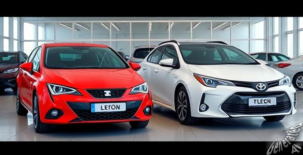 Dos coches compactos, SEAT León y Toyota Corolla, estacionados uno al lado del otro en un concesionario