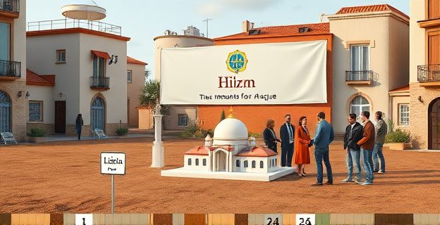 Una escena que muestra un solar vacío en Lérida con un letrero que indica que fue destinado a una mezquita. Al fondo, una pancarta con el logotipo de Ibn Hazm y un grupo de personas de diferentes culturas discutiendo alrededor de una maqueta de la mezquita que nunca se construyó.