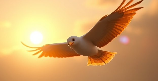 Un ave en vuelo, con las alas extendidas y el sol brillando en el fondo, mientras una luz intermitente parpadea en la distancia