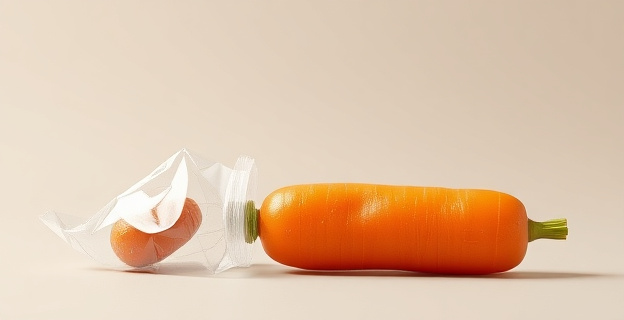 Una imagen conceptual de una zanahoria bebé húmeda y brillante junto a una bolsa de plástico con agua visible en el interior, con un fondo neutro que resalta la frescura del producto.