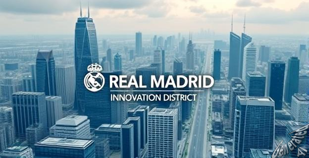 Una imagen de una ciudad con rascacielos y tecnología de vanguardia, con el logo del Real Madrid Innovation District en primer plano.