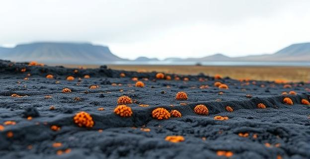 Imagen de una colada de lava volcánica recién solidificada con microorganismos colonizando su superficie, en un entorno islandés con tundra al fondo