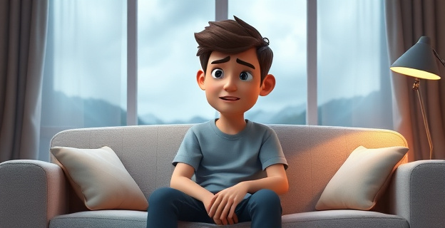 Una persona sentada en un sofá, rodeada de un ambiente sereno, con una expresión de calma pero con una sombra de ansiedad en su rostro. En el fondo, una ventana que muestra un paisaje tormentoso, simbolizando los conflictos internos.