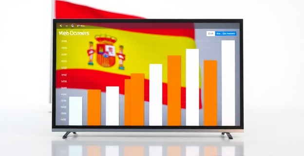 Una pantalla mostrando estadísticas de dominios web con gráficos de barras ascendentes y un fondo con la bandera de España
