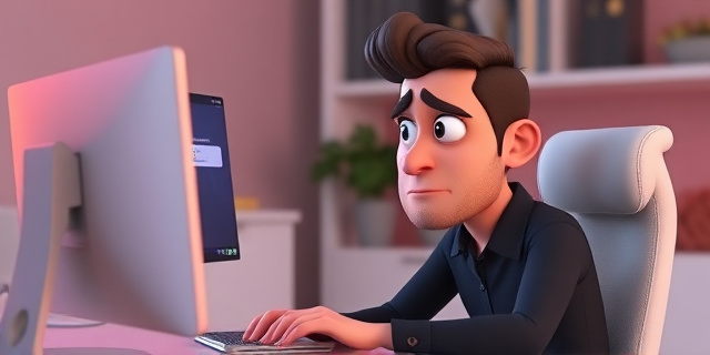 Un hombre sentado frente a una computadora, con una expresión de preocupación en su rostro, mientras una ventana de alerta de seguridad parpadea en la pantalla