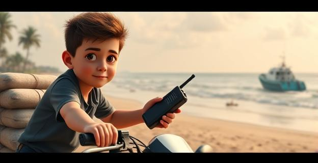 Imagen de un menor con un walkie-talkie en una motocicleta cerca de una playa con fardos de droga al fondo, mientras un barco se acerca a la costa