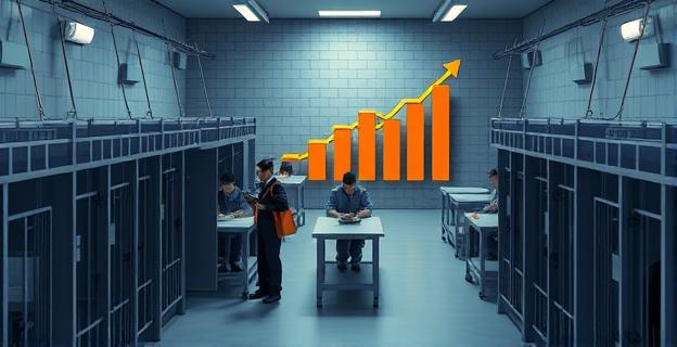 Imagen de una prisión con celdas abarrotadas y funcionarios trabajando bajo presión, con un gráfico de barras en el fondo mostrando un aumento en las estadísticas de incidentes.