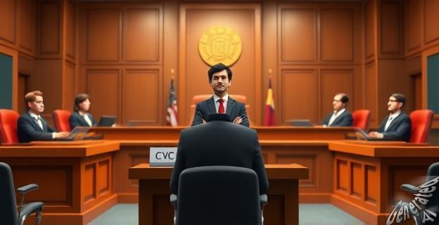 Ilustración de una sala de tribunal con jueces y abogados, con un hombre de negocios (Javier de Jaime) y un logotipo de CVC en un escritorio.