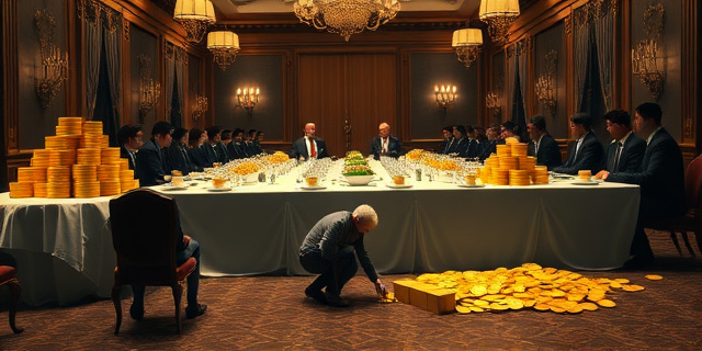 Una ilustración conceptual y satírica. Una mesa de banquete infinita y lujosa donde se sirven monedas de oro gigantes y fajos de billetes en platos de porcelana. Los comensales son siluetas anónimas vestidas con trajes corporativos y políticos, mientras que en el suelo, una persona común con ropa sencilla intenta recoger las migajas con un cuenco pequeño. Estilo editorial de revista, colores contrastados, atmósfera de opulencia irónica.