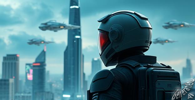 Una imagen de un soldado espacial con un casco y un traje espacial, mirando hacia una ciudad futurista con rascacielos y naves espaciales en el cielo.