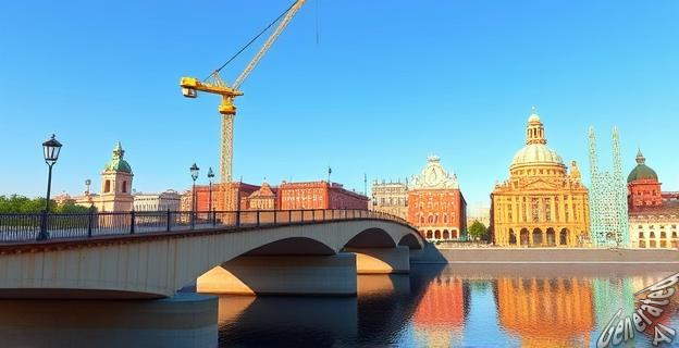 Imagen de un puente con una grúa en primer plano y edificios de la ciudad de Sevilla al fondo.