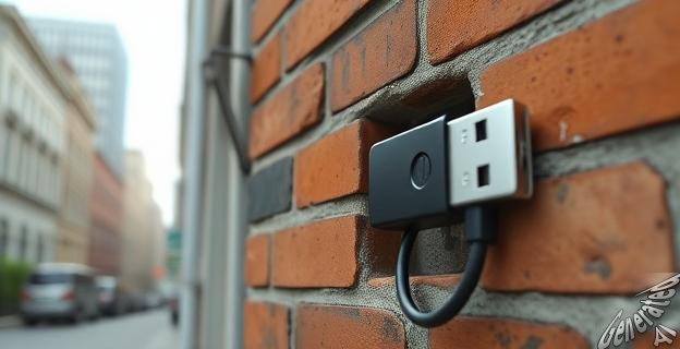 Una imagen de una memoria USB incrustada en una pared de ladrillo en una ciudad, con un cable USB sobresaliendo.