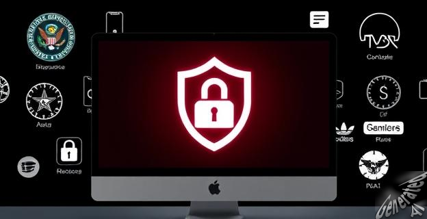 Una imagen de una pantalla de computadora con un símbolo de alerta de seguridad, rodeada de iconos de agencias gubernamentales y corporaciones