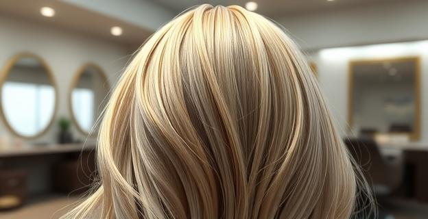 Imagen de una melena rubia con reflejos sutiles y brillo natural bajo la luz suave de un estudio de peluquería, con tonos beige y castaños que resaltan la dimensión y el volumen del cabello.