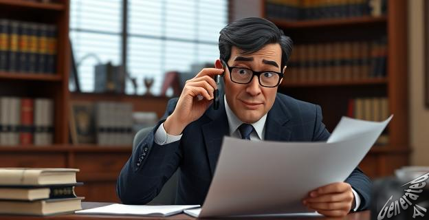 Una persona en un despacho de abogados mirando documentos y hablando por teléfono con una expresión de concentración