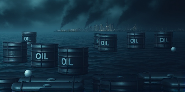 Un estrecho marítimo turbulento con enormes barriles de petróleo flotando sobre aguas oscuras, rodeado de nubes de humo que sugieren conflicto. En el horizonte, un horizonte urbano con luces apagadas y una carretera con vehículos detenidos, reflejando la tensión de los precios de combustible.