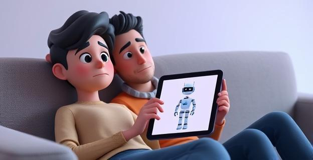 Una pareja sentada en un sofá con una tableta mostrando un chatbot en la pantalla, con una expresión de tristeza y confusión en sus rostros.