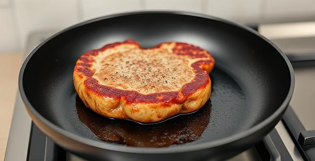Imagen de una sartén con un filete de carne cocinándose a fuego medio, con una superficie dorada y un interior jugoso. La sartén está sobre una cocina y hay un fondo neutro.