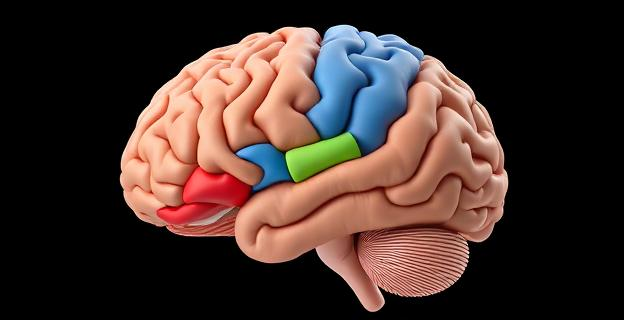 Imagen detallada de un cerebro humano seccionado mostrando sus diferentes partes: lóbulos cerebrales, cerebelo y tronco del encéfalo, con colores que diferencian las distintas regiones