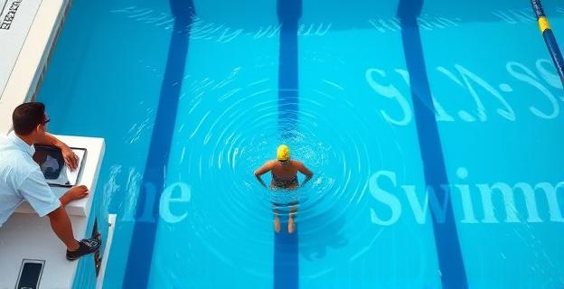 Una piscina de 3 metros de profundidad con un nadador sumergido y jueces oficiales alrededor observando atentamente.