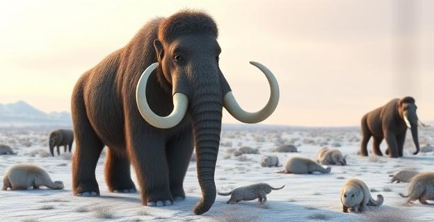 Imagen de un mamut lanudo en un paisaje de estepa polar con otros animales prehistóricos al fondo