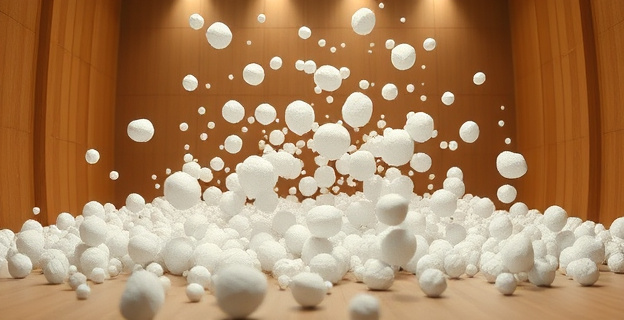 Una representación visual de partículas de espuma de poliestireno levitando en un campo de ondas sonoras dentro de una cámara acústica, interactuando entre sí de manera no recíproca.