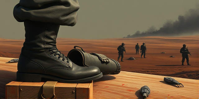 Una ilustración conceptual al estilo de óleo dramático y oscuro. En primer plano, una bota militar pesada aplastando una urna electoral de madera antigua. Al fondo, un paisaje desértico y árido con sombras de soldados y el humo de un conflicto lejano. Colores ocres, rojos sangre y grises ceniza, evocando una atmósfera de opresión y tragedia histórica.