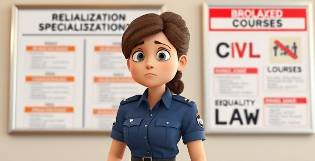 Una escena que muestra a una guardia civil frustrada frente a un tablón de anuncios con cursos de especialización vetados, mientras al fondo se ve un letrero que dice 