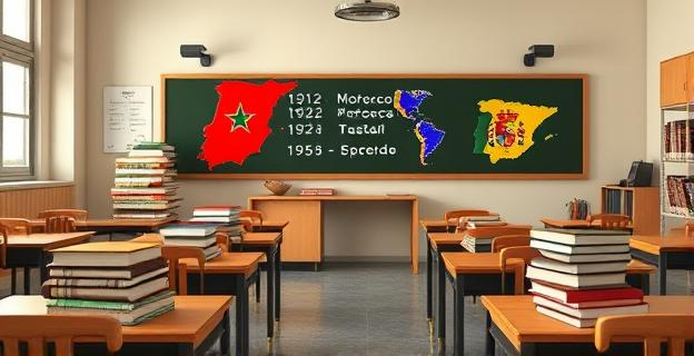 Imagen de un aula de instituto con libros de historia y mapas de Marruecos y España, con una pizarra al fondo mostrando fechas clave como 1912, 1921 y 1956.