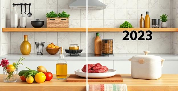 Imagen de una cocina con productos básicos como carne de vacuno, pescado fresco, aceite de oliva y carne de ave, mostrando la diferencia en cantidades entre 2006 y 2023.