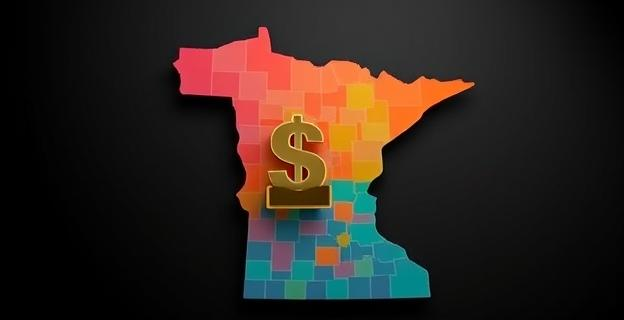 Una imagen de un mapa de Minnesota con un contraste entre una zona de alta confianza social representada con colores brillantes y una zona de baja confianza representada con tonos oscuros, con un símbolo de dólar o una cartera en el centro para representar el fraude financiero.