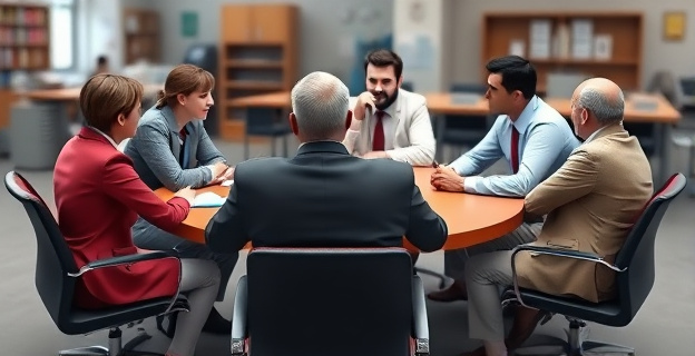 Una imagen que represente a un grupo de personas de diferentes profesiones y edades sentadas alrededor de una mesa negociando, con un fondo que sugiera un entorno laboral o sindical, sin incluir caras reconocibles.