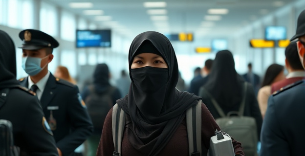 Una mujer con el rostro cubierto por un niqab en un aeropuerto, siendo escoltada por personal de seguridad hacia una cabina apartada. La escena muestra un ambiente de tensión y expectación entre los pasajeros presentes.