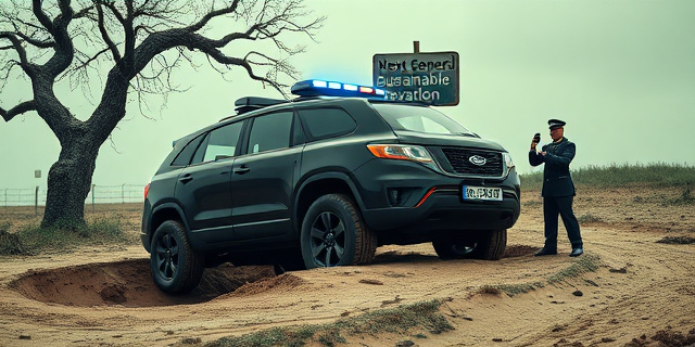 
  Una escena surrealista en un camino rural polvoriento: un SUV negro de policía moderno, con luces azules parpadeantes, atascado hasta las ruedas en un badén de tierra. Los neumáticos de ciudad giran en el aire como si estuvieran sobre hielo. Al fondo, un cartel de 