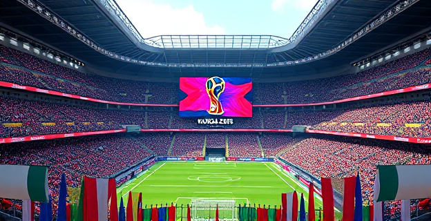 Imagen de un estadio de fútbol lleno con banderas de diferentes países ondeando en las gradas, con un marcador gigante mostrando el logotipo del Mundial 2026.