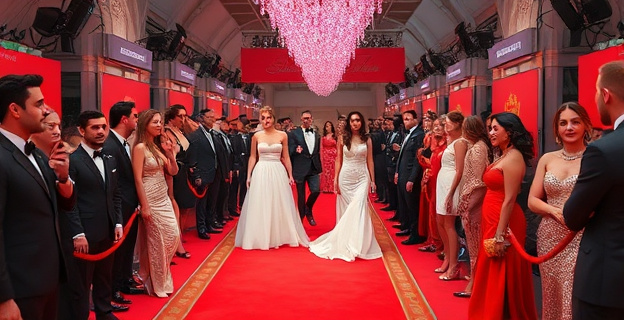 Una alfombra roja llena de celebridades españolas elegantemente vestidas, con predominio de colores neutros y brillos, en un ambiente de glamour y sofisticación.