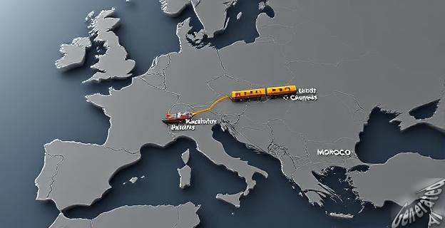 Un mapa de Europa y África con una línea de tren y barco desde China hasta el puerto de Tánger Med en Marruecos, resaltando los cambios de vía en Kazajistán, Bielorrusia y Polonia.