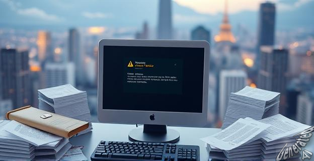 Una imagen de un ordenador con una pantalla de error, rodeado de papeleo y documentos, con una ciudad al fondo.