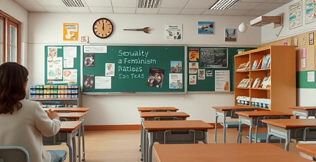 Aula de instituto con materiales educativos sobre sexualidad y feminismo, con pizarra y pupitres en un ambiente de aprendizaje