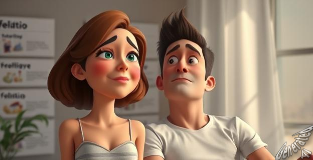 Una mujer y un hombre en una habitación, con expresiones de placer y confusión, rodeados de información sobre felaciones.