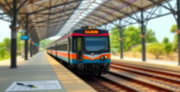 Una imagen conceptual que represente un tren pasando por una estación en un paisaje latinoamericano, con un fondo difuminado de documentos y contratos siendo firmados