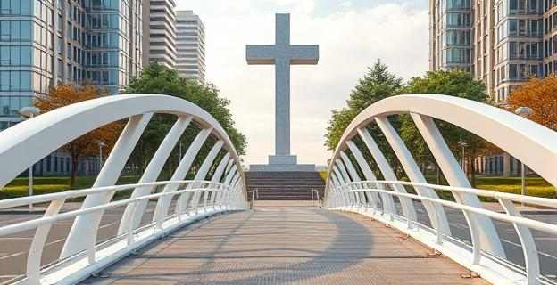Imagen de una pasarela moderna con defectos de construcción en un entorno urbano, con un fondo de una gran cruz monumental y un paisaje natural modificado
