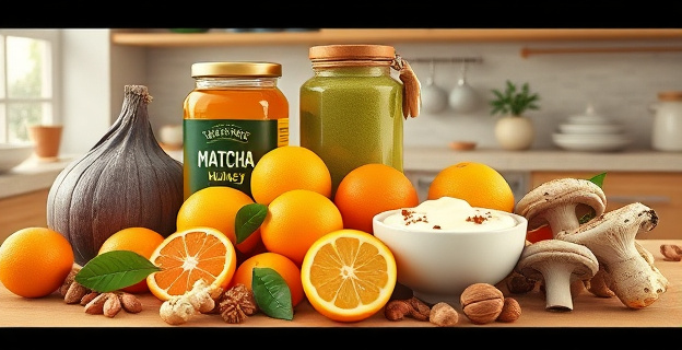 Una composición visual que muestra seis elementos culinarios principales: ajo negro, un tarro de miel cruda, un tazón de polvo de matcha, una pila de cítricos variados (naranjas, limones, pomelos), una taza humeante de leche dorada con especias, y varias setas shiitake frescas. Alrededor de estos, se ven elementos secundarios como hojas de espinacas, jengibre fresco, yogur en un cuenco, y varios frutos secos dispersos. El fondo es un ambiente de cocina luminoso y cálido, con un tenue brillo invernal, y sin la presencia de personas.