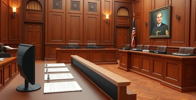 Imagen de un juzgado con un juez en su escritorio, con documentos y una computadora mostrando una causa judicial en curso.