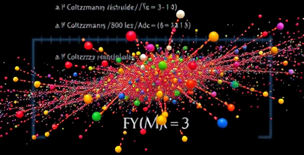 Representación visual de un sistema de partículas en movimiento caótico, con diferentes colores para indicar distintos niveles de energía, y una fórmula matemática al fondo representando la distribución de Boltzmann.