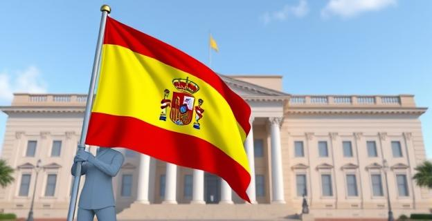 Imagen de un edificio oficial del Gobierno de España con una bandera de España ondeando en primer plano, simbolizando autoridad y decisión gubernamental.