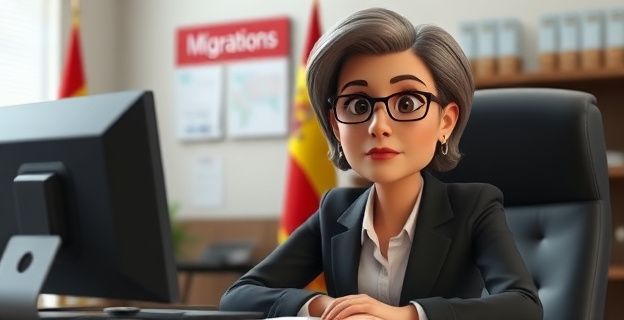 Una mujer de unos cincuenta años con traje formal, sentada en un escritorio con documentos y un ordenador, con una expresión seria y decidida. Al fondo, una bandera de España y un letrero que dice 