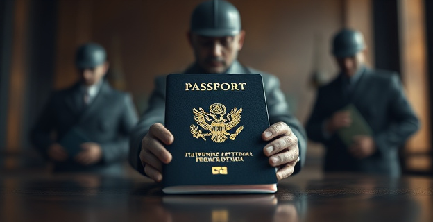 Una imagen que represente la tensión entre la justicia y la privacidad, con un pasaporte en el centro y figuras borrosas de autoridades judiciales alrededor, en un ambiente de seriedad y misterio